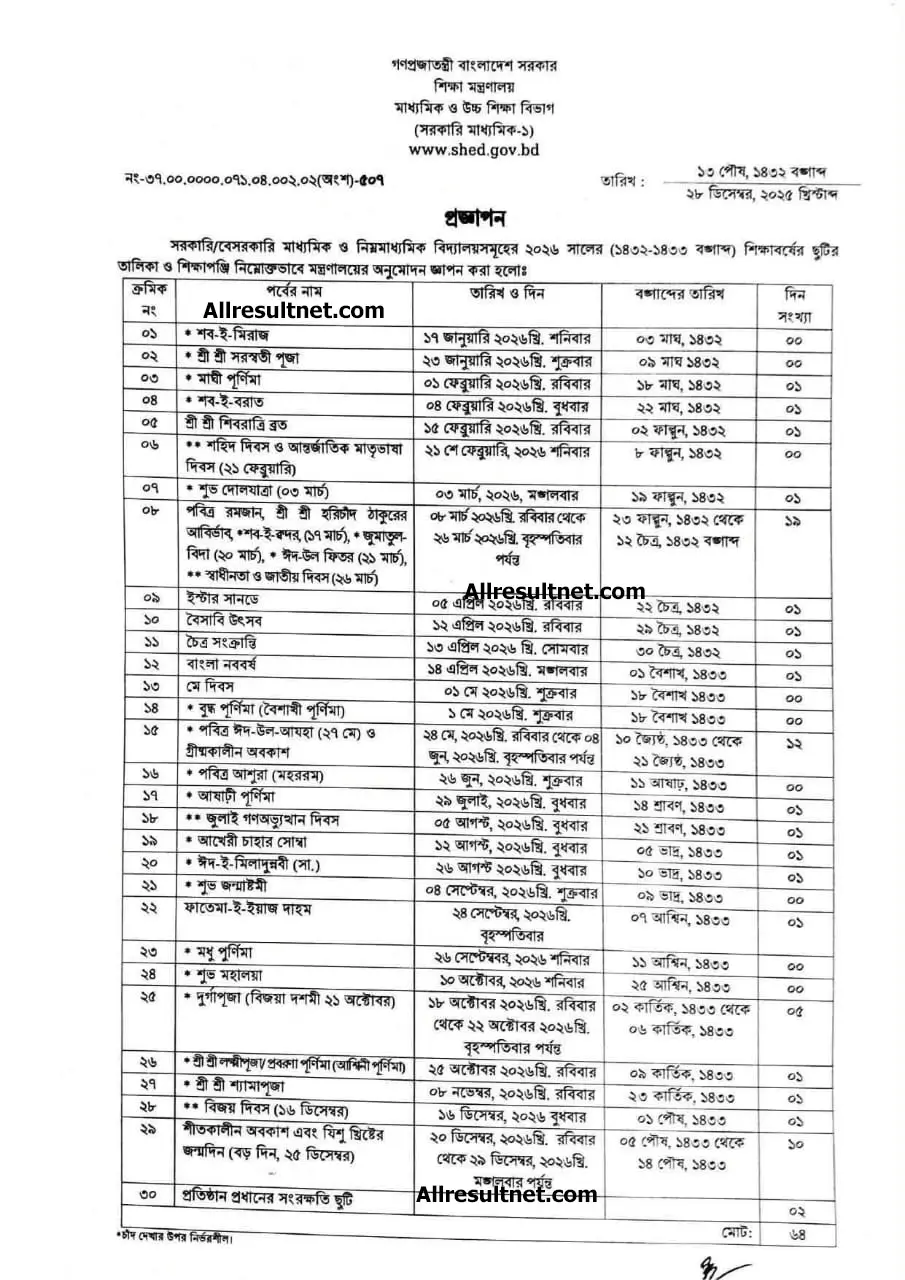 High School Holiday List